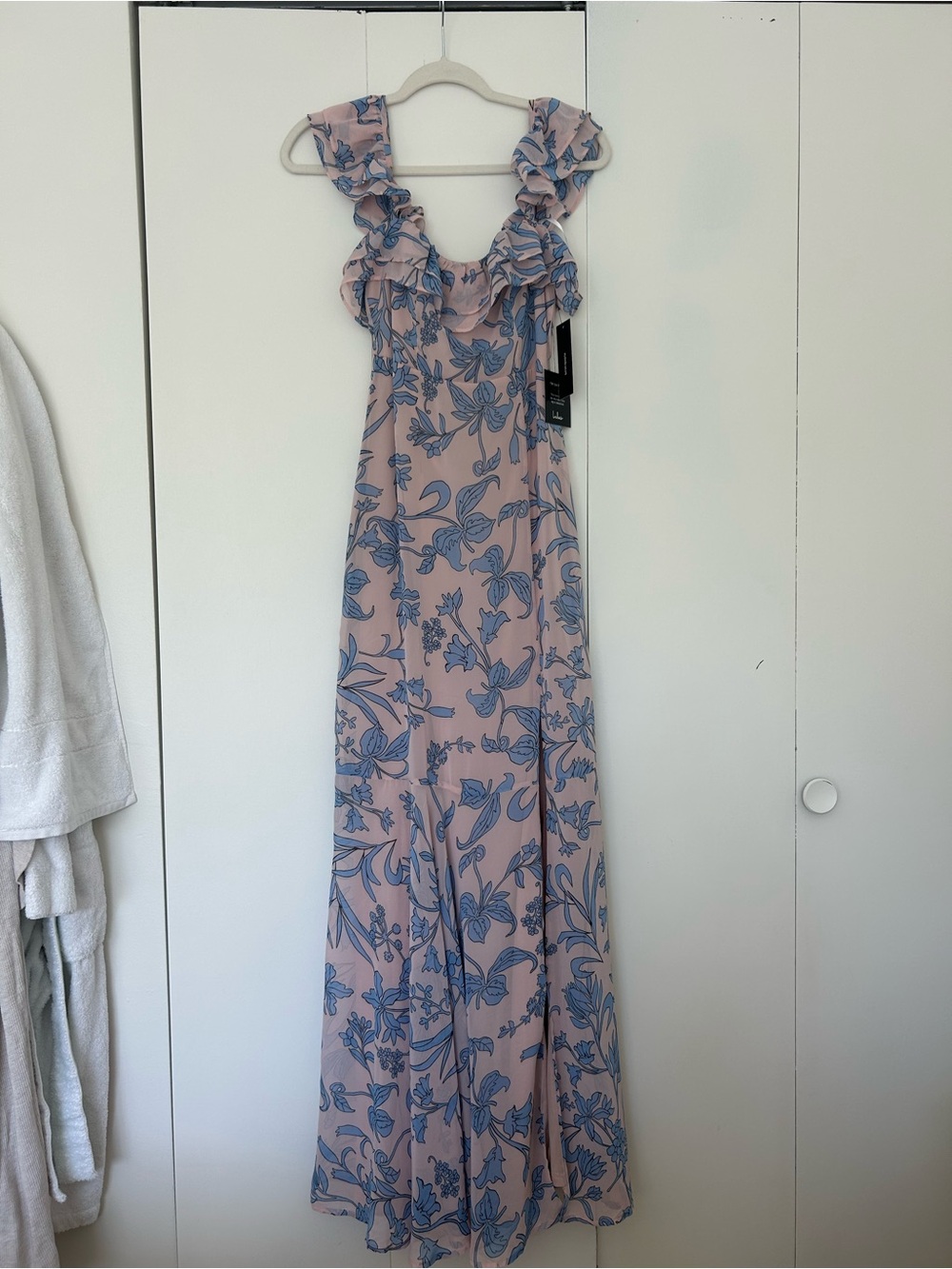 Lulu's Pink Maxi Dress with Blue Floral Print and Ruffle Straps